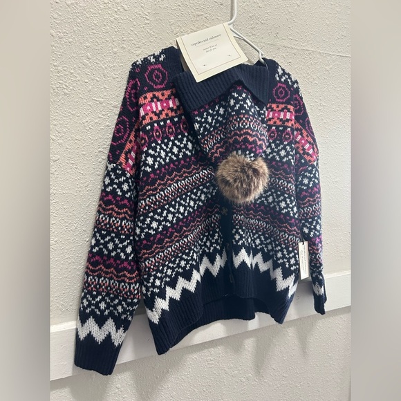 Cupcakes & Cashmere Navy Multi Fair Isle Button Sweater with Hat NEW - Picture 2 of 8